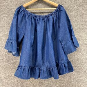 Ashley Stewart Blouse Women 18/20 Plus Blue 3/4 Sleeve Round Neck Cotton Casual